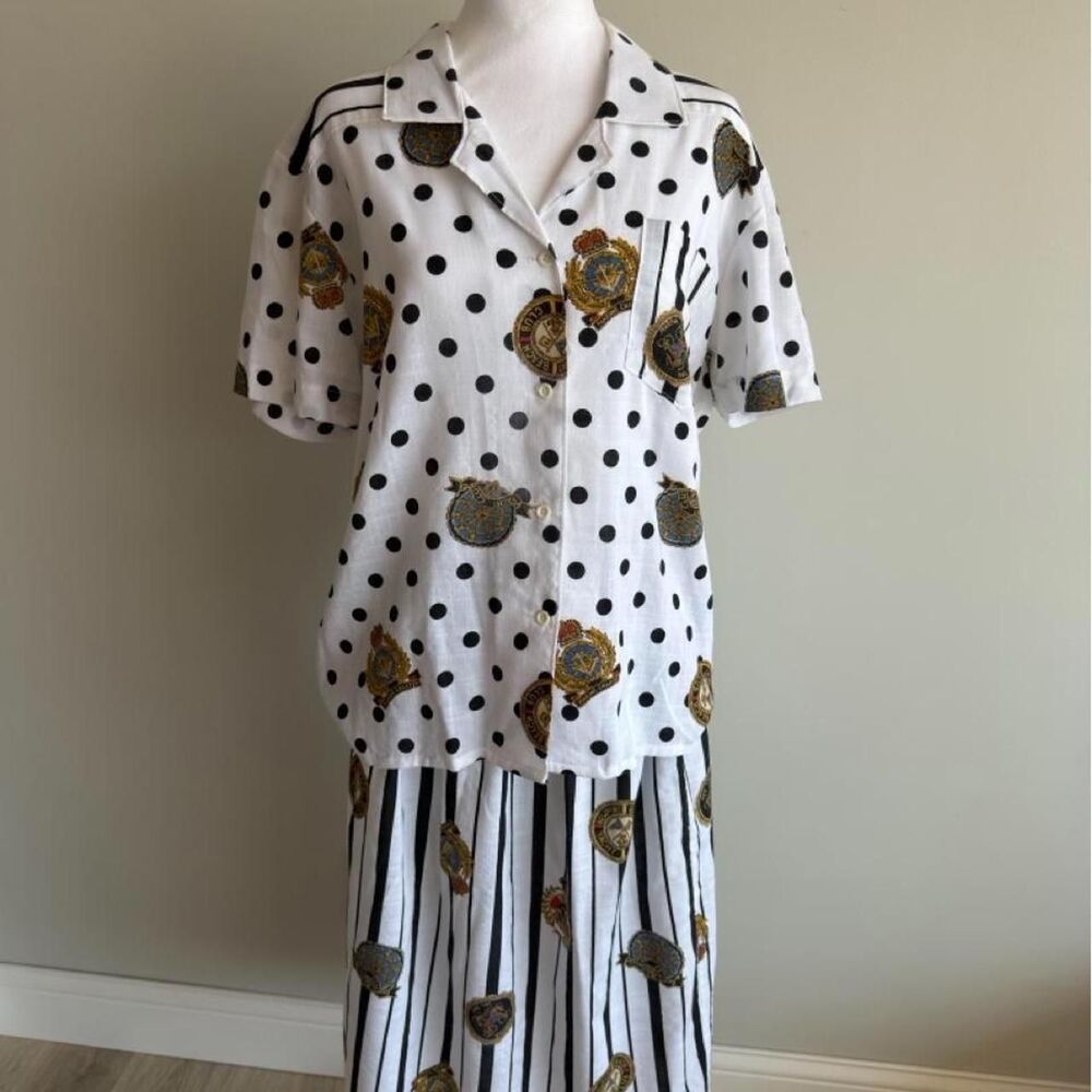 Vintage Women's Large Polka Dot & Striped Nautical Set Skirt & Shirt 80's 90's
